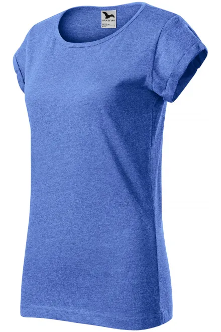 Dames T-shirt met opgerolde mouwen, blauw marmer