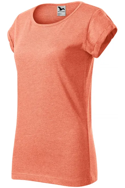 Dames T-shirt met opgerolde mouwen, oranje marmer