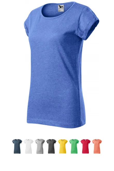 Dames T-shirt met opgerolde mouwen, blauw marmer