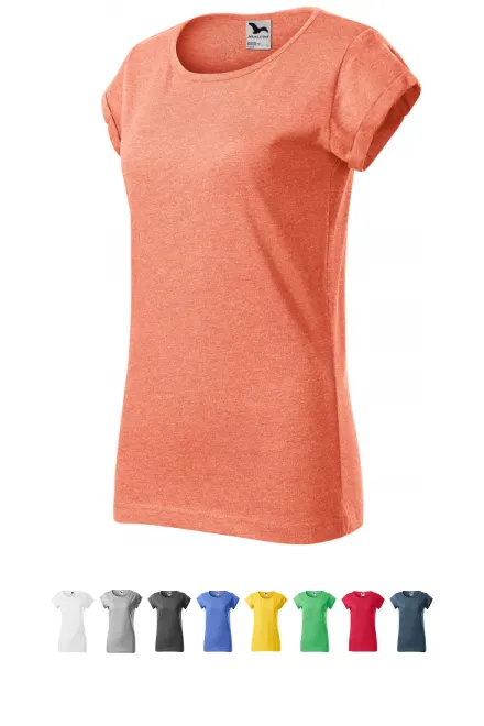 Dames T-shirt met opgerolde mouwen, oranje marmer