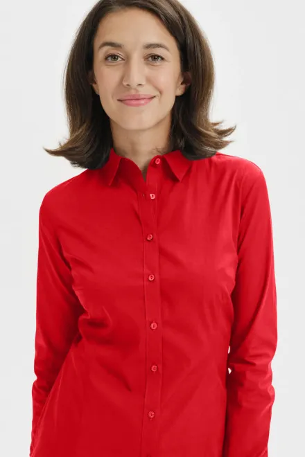 Dames katoenen blouse met lange mouwen, rood