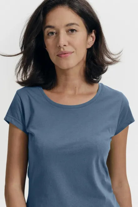 Dames slim fit T-shirt met ronde halslijn, denim