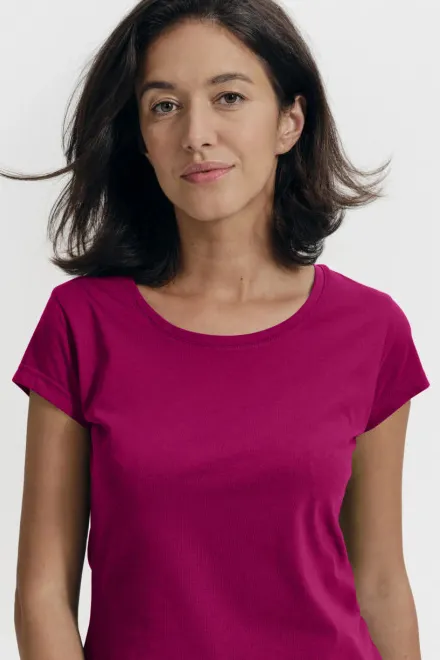 Dames slim fit T-shirt met ronde halslijn, fuchsia