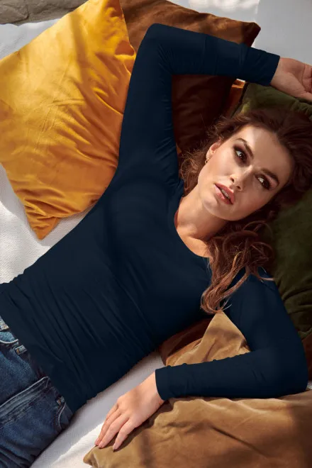 Dames T-shirt met lange mouwen en diepere halslijn, donkerblauw